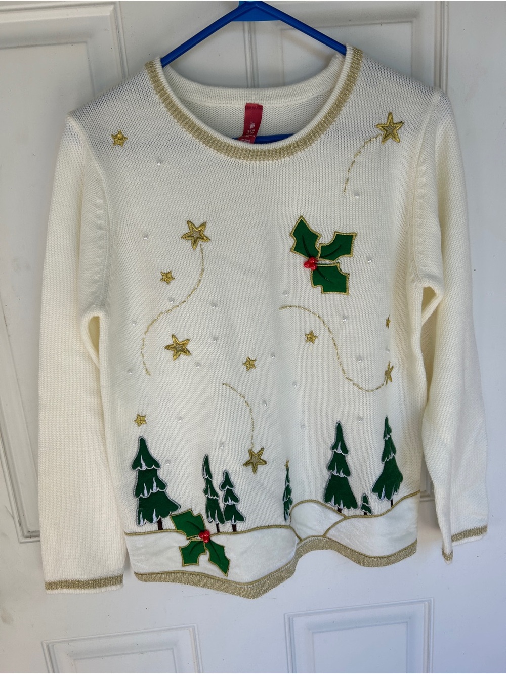 Women’s Cream Holiday Sweater with Green Holly and Trees